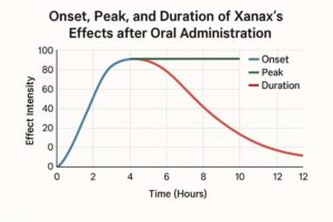 line chart showing the onset, peak, and duration of Xanax’s effects after oral administration.